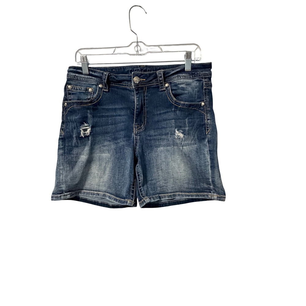 Grace in LA Women Distressed Denim Shorts Dark Wash Rhinestone Studded Size 31